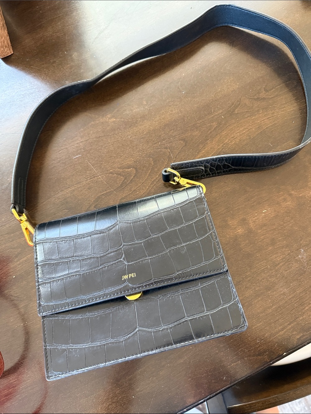 JW PEI Black Croc-Embossed Crossbody with Gold Hardware
